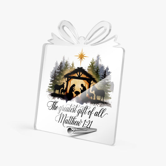 The Greatest Gift Of All Christian Christmas Acrylic Plaque with Stand – LED Lighted Faith Décor Gift - ClaimedbyGodDesigns