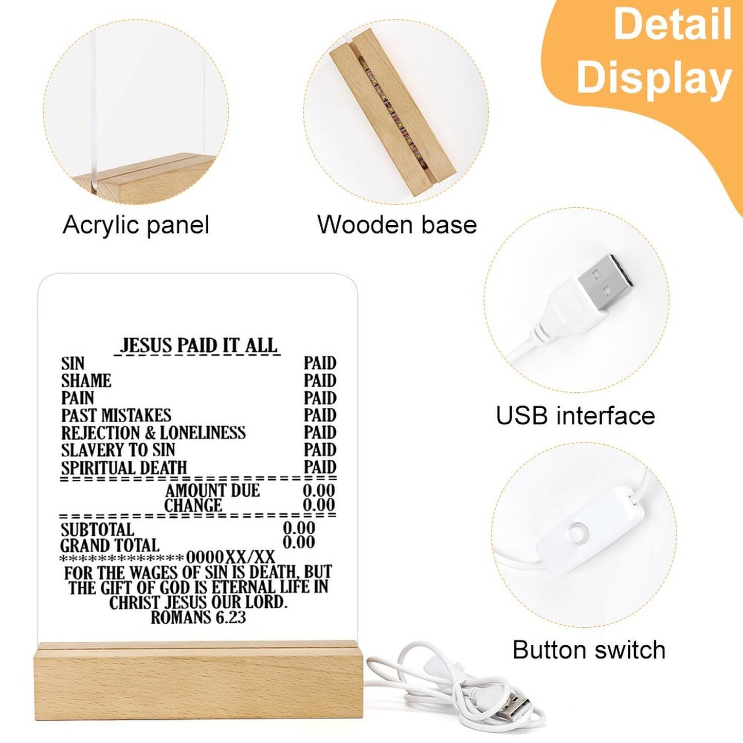 Paid It All Christian Acrylic Night Light with Wooden Base Christian Gift Idea