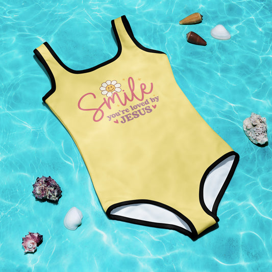 Smile You're Loved By Him Christian Kids Swimsuit - ClaimedbyGodDesigns