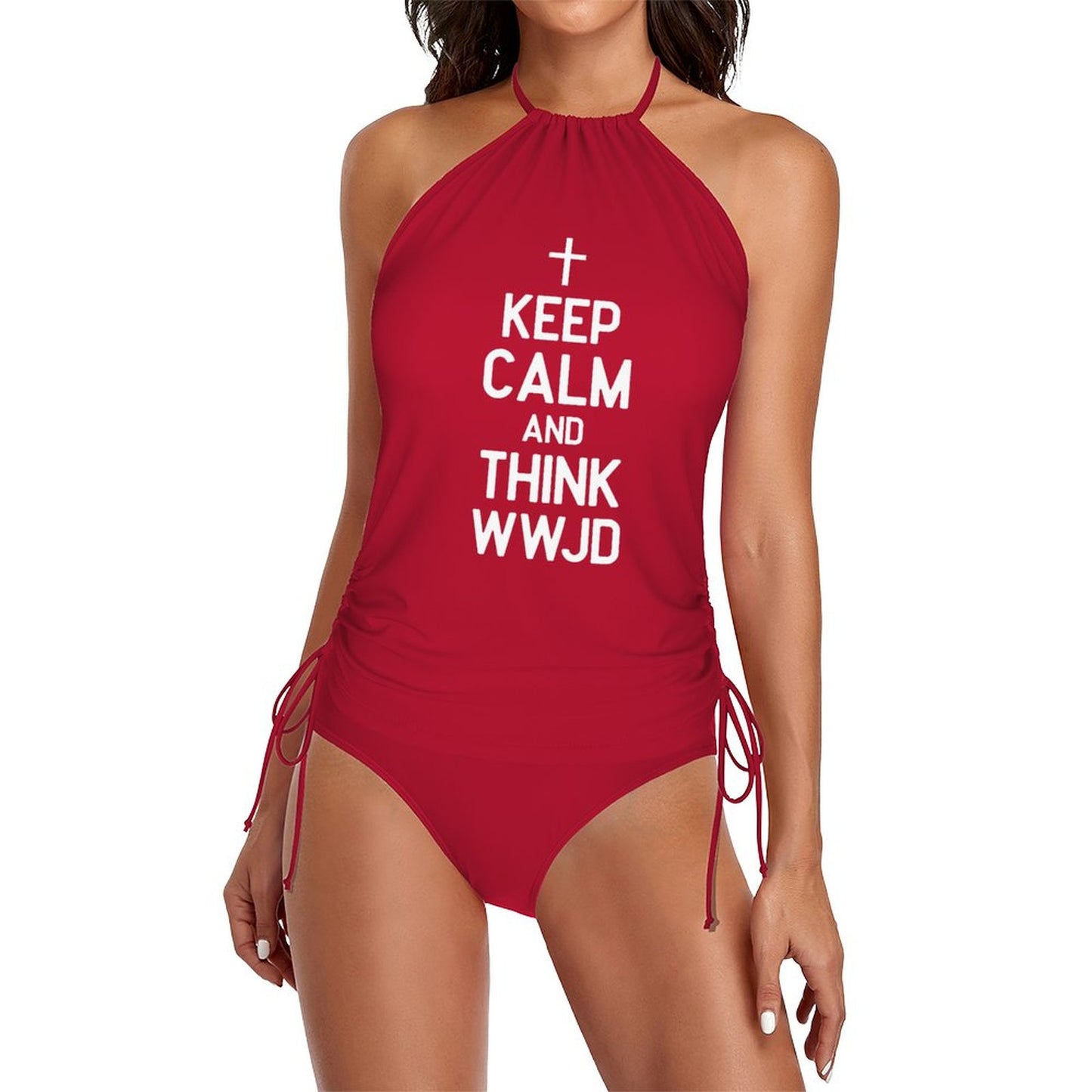 Keep Calm and Think WWJD Women's Christian Halter High Neck 2 - Piece Swimsuit Set - ClaimedbyGodDesigns