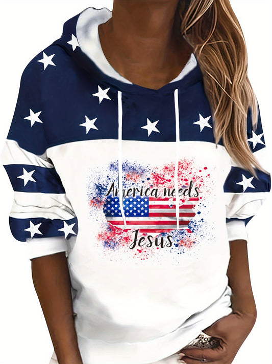 America Needs Jesus Patriotic American Flag Plus Size Women's Christian Pullover Hooded Sweatshirt claimedbygoddesigns