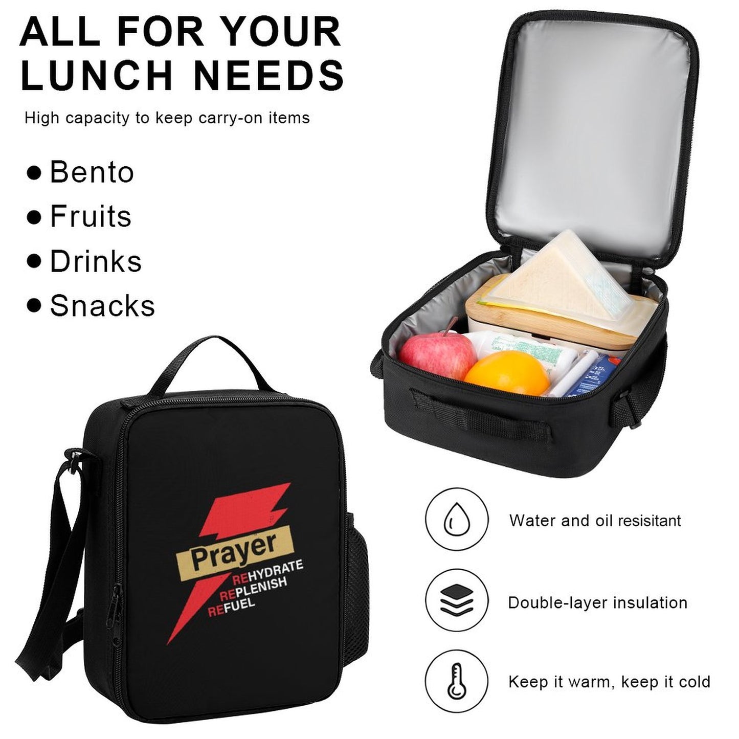 PRAYER Rehydrate Replenish Refuel Christian Backpack Set of 3 Bags (Shoulder Bag Lunch Bag & Pencil Pouch)