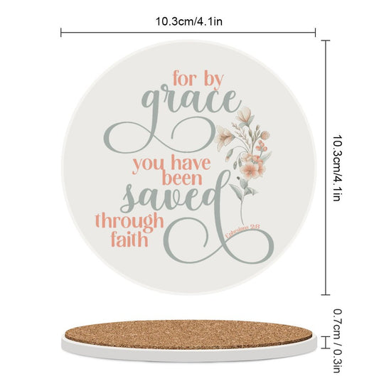 Saved Through Faith Christian Round Ceramic Coaster - ClaimedbyGodDesigns
