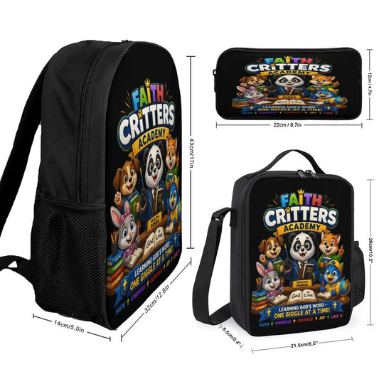 Faith Critters Academy Christian 3 PCS Bag Set (Backpack, Lunch Bag and Pencil Case) - ClaimedbyGodDesigns
