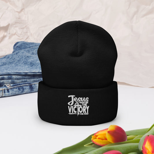 Gave Me The Victory Adult Christian Cuffed Beanie