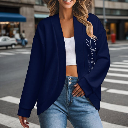She Is Worthy Christian Women's Drop Shoulder Cardigan - ClaimedbyGodDesigns