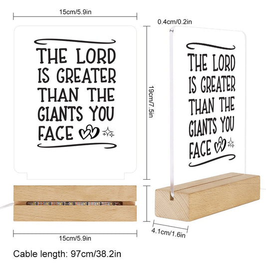 The Lord Is Greater Than The Giants You Face Christian Acrylic Night Light with Wooden Base Christian Gift idea