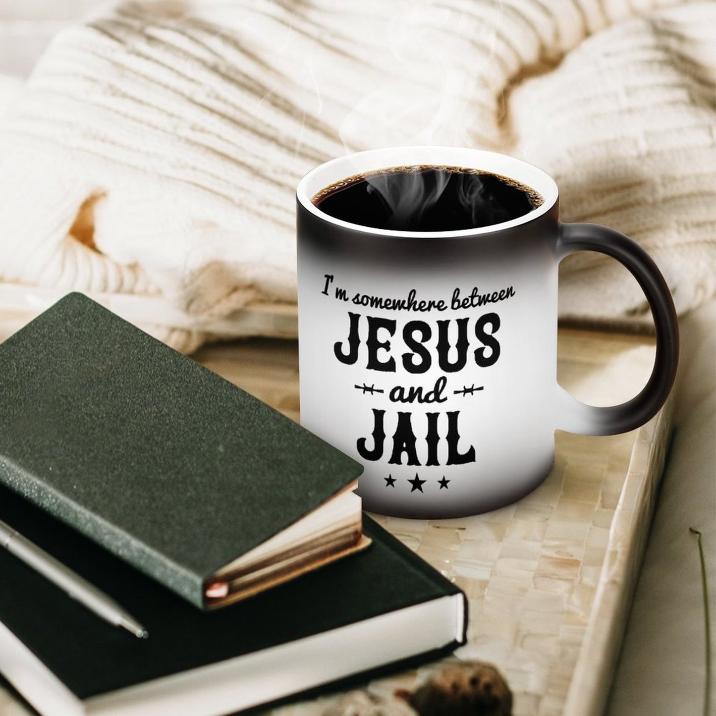 I'm Somewhere Between Him And Jail Funny Christian Color Changing Mug (Dual-sided)