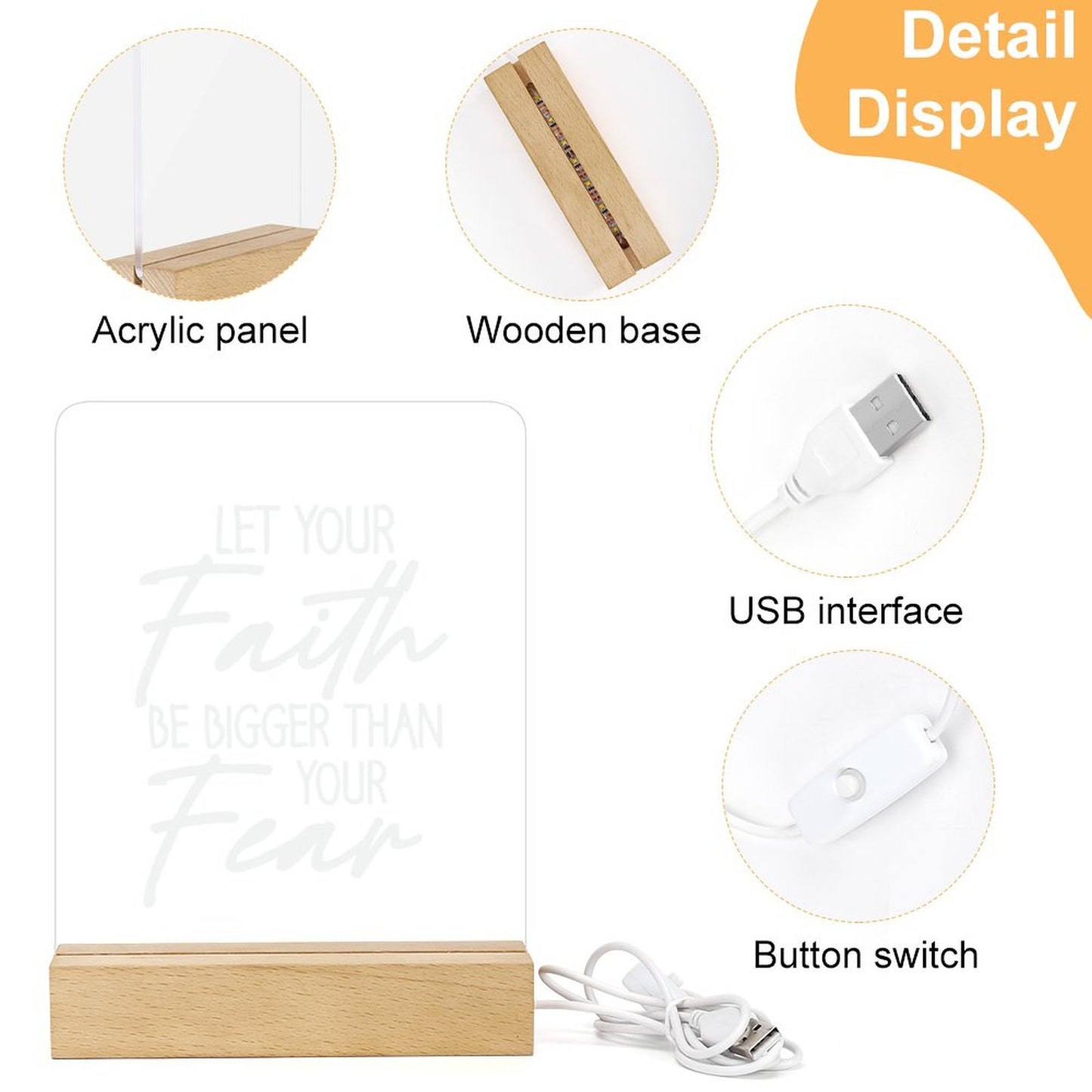 Let Your Faith Be Bigger Than Your Fears Christian Acrylic Night Light with Wooden Base Christian Gift Idea