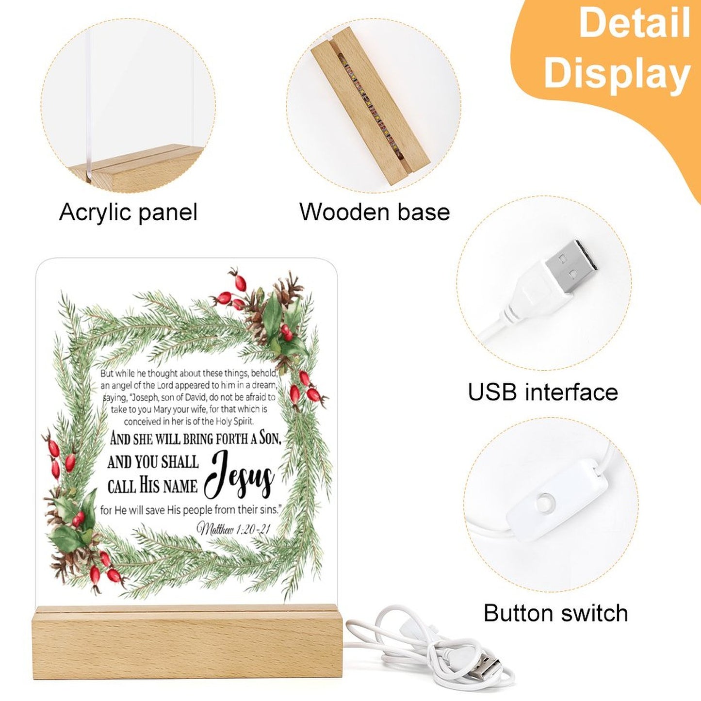 Matthew 1:20-21 Call His (Christmas Themed) Christian Acrylic Night Light with Wooden Base