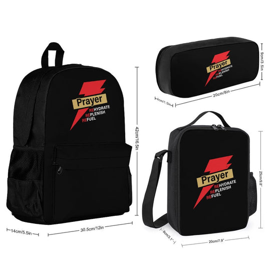 PRAYER Rehydrate Replenish Refuel Christian Backpack Set of 3 Bags (Shoulder Bag Lunch Bag & Pencil Pouch)