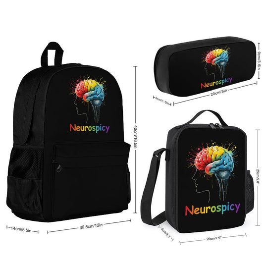 Neurospicy Autism Awareness 3-in-1 Backpack Set: Shoulder Bag, Lunch Bag & Pencil Pouch