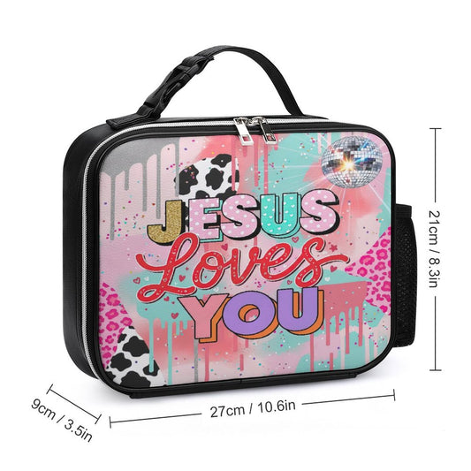 Jesus Loves You Christian PU Leak-proof Lunch Bag with Detachable Buckled Handle