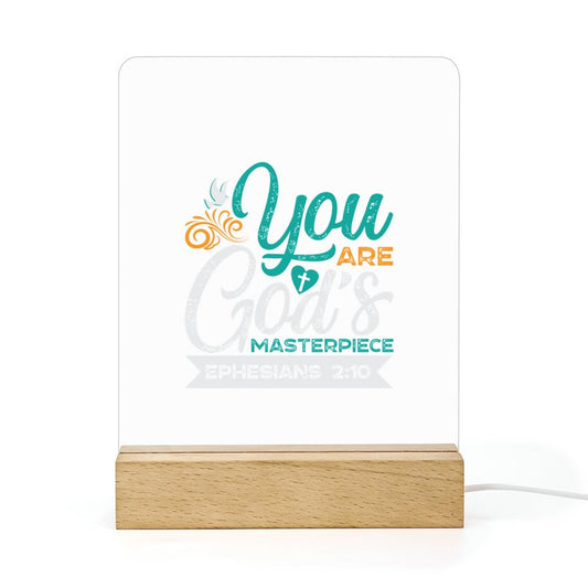 You Are His Masterpiece Christian Acrylic Night Light with Wooden Base Christian Gift Idea