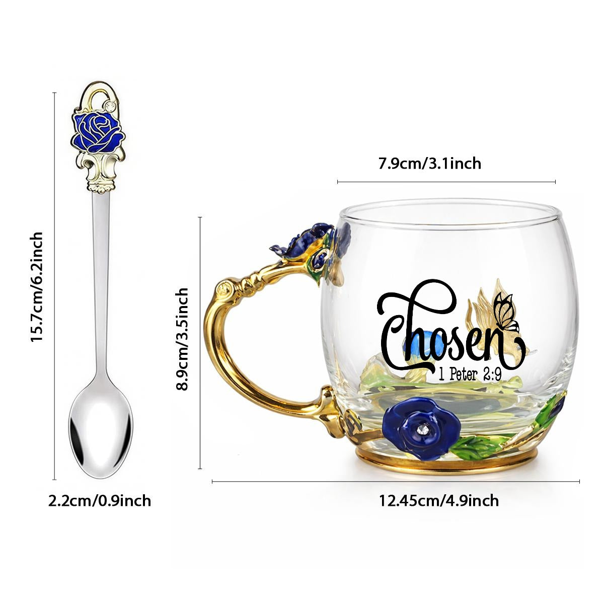 1 Peter 2:9 Chosen 12oz Enamel Floral Glass Christian Mug With Spoon
