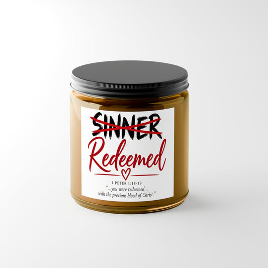 Redeemed candle with 1 Peter 1:18-19 and salvation prayer slate with Romans 10:13, view 2