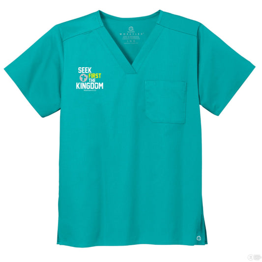 Seek First The Kingdom Unisex Chest Pocket V - Neck Scrub Top – Comfortable, Durable, and Professional Workwear - ClaimedbyGodDesigns
