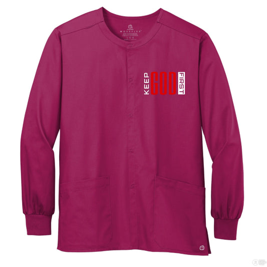 Keep HIm First Unisex Christian WorkFlex Snap - Front Scrub Jacket – Comfortable, Durable, and Professional Workwear - ClaimedbyGodDesigns