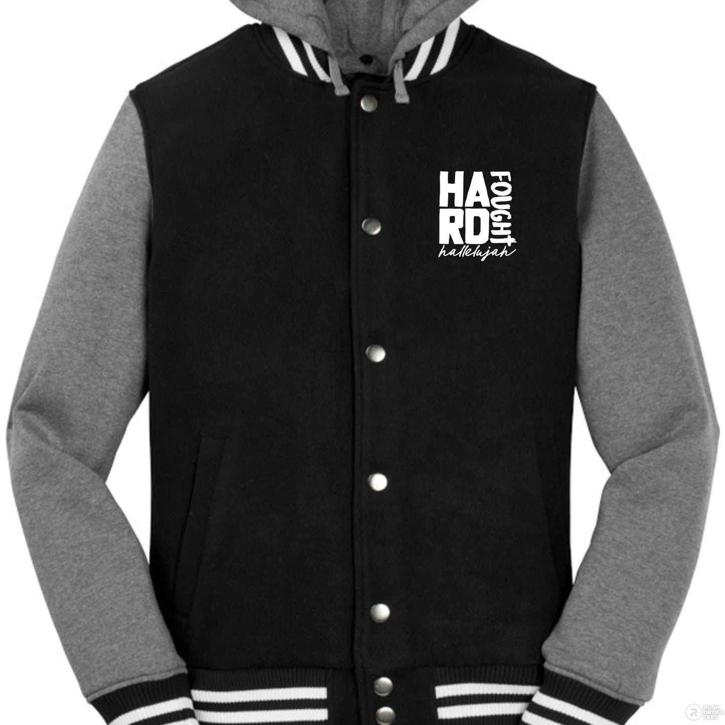 Hard Fought Hallelujah Men's Christian Insulated Letterman Jacket - ClaimedbyGodDesigns