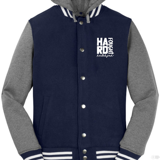 Hard Fought Hallelujah Men's Christian Insulated Letterman Jacket - ClaimedbyGodDesigns