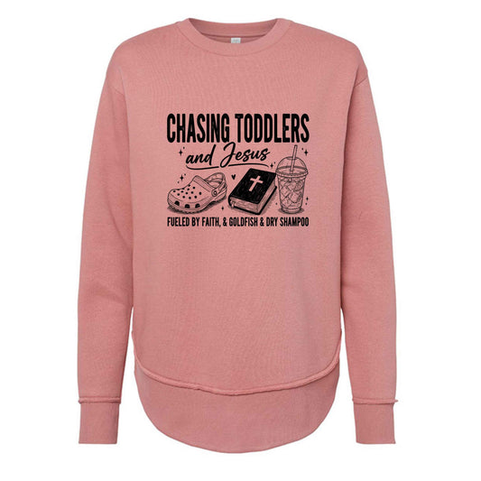 Chasing Toddlers And Him Fueled By Faith Women’s Christian Pullover Sweatshirt - ClaimedbyGodDesigns