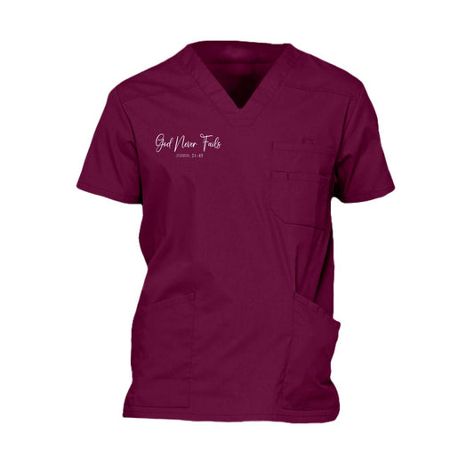 He Never Fails Men’s Christian 5‑Pocket V‑Neck Premium Medical Scrub Top - ClaimedbyGodDesigns