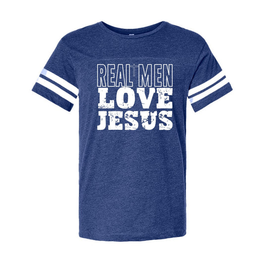 Real Men Love Jesus Men's Christian Football Fine Jersey T-shirt - ClaimedbyGodDesigns