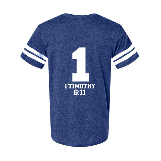 1 Timothy 6:11 Man Of God Men's Christian Football Fine Jersey T-Shirt - ClaimedbyGodDesigns