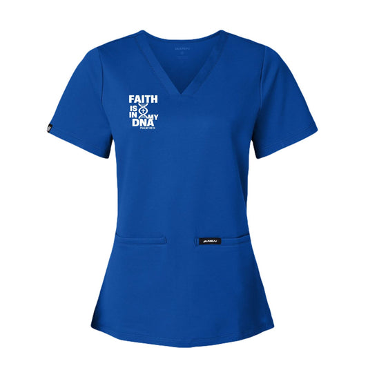 Faith Is In My DNA Women’s Christian Premium Cesi Ultrasoft Scrub V‑Neck Top - ClaimedbyGodDesigns