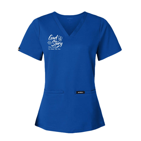 God Is Still Writing Your Story Women’s Christian Premium Cesi Ultrasoft Scrub V‑Neck Top - ClaimedbyGodDesigns
