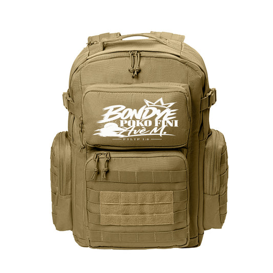 Bondye Poko Fini Avè M Haitian Kreyòl Christian backpack in Coyote Brown, Filip 1:6