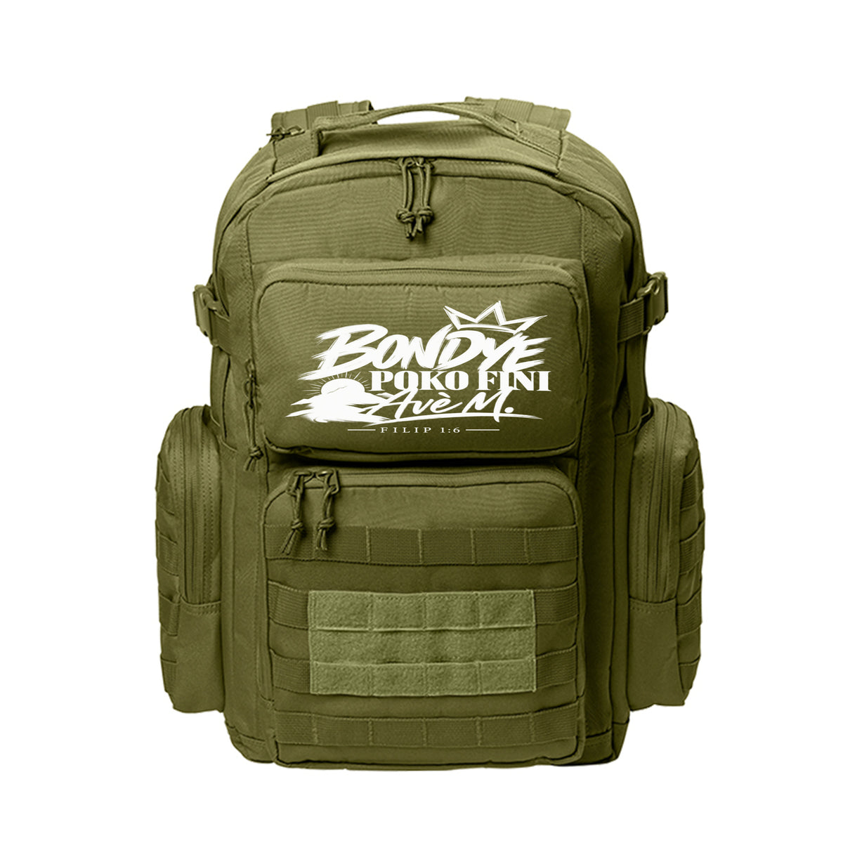 Bondye Poko Fini Avè M Haitian Kreyòl Christian backpack in Olive Drab Green, Filip 1:6