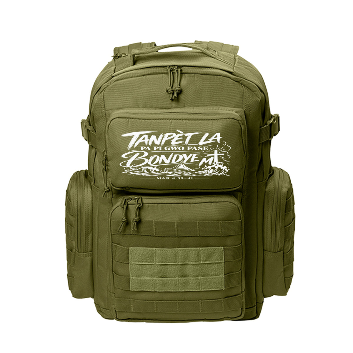 Tanpèt La Pa Pi Gwo Pase Bondye M Haitian Kreyòl Christian backpack in Olive Drab Green, Mak 4:39-41