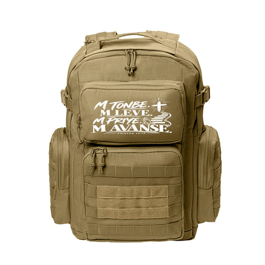 M Tonbe. M Leve. M Priye. M Avanse. Haitian Kreyòl Christian backpack in Coyote Brown, Pwovèb 24:16