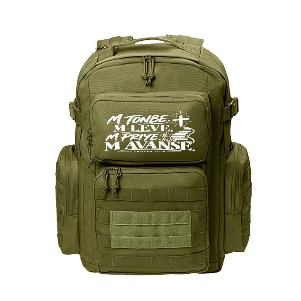 M Tonbe. M Leve. M Priye. M Avanse. Haitian Kreyòl Christian backpack in Olive Drab Green, Pwovèb 24:16