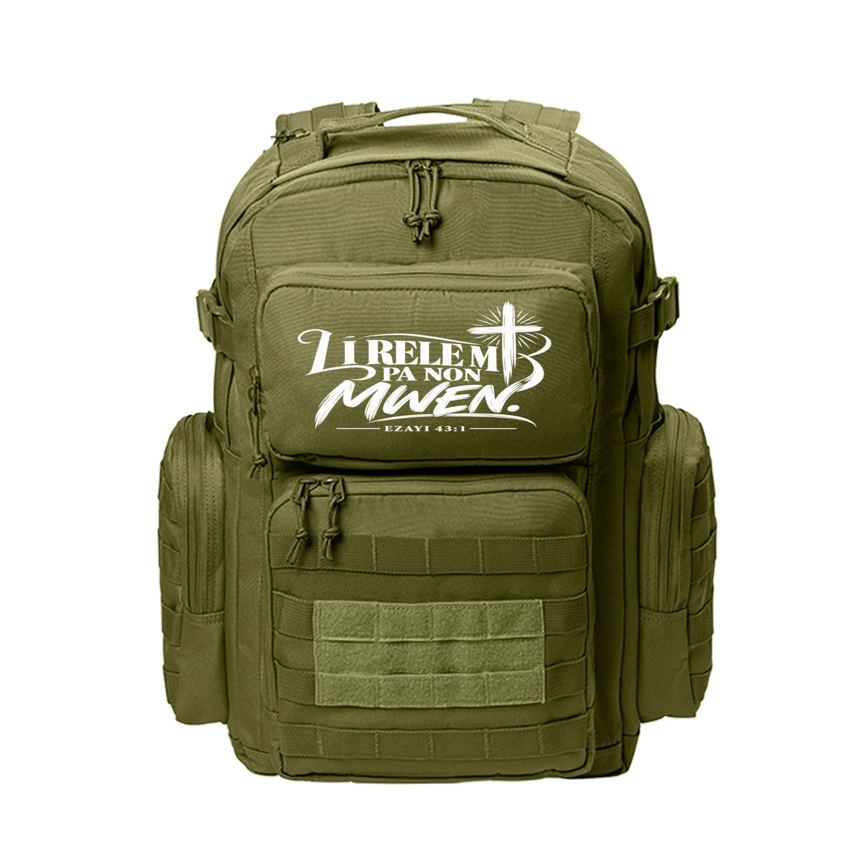 Li Rele M Pa Non Mwen Haitian Kreyòl Christian backpack in Olive Drab Green, Ezayi 43:1