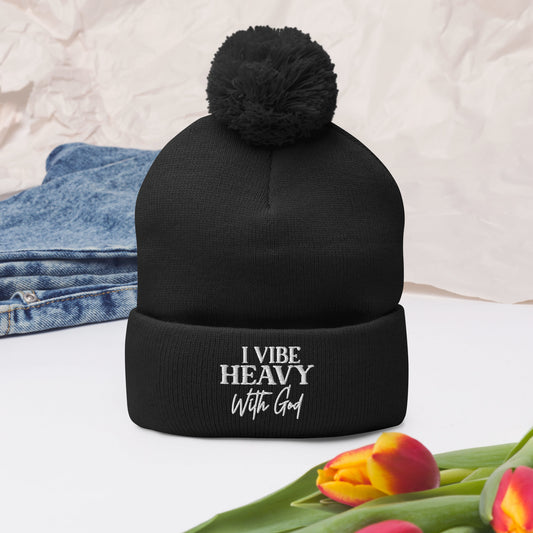 I Vibe Heavy With Him Adult Christian Pom-Pom Beanie