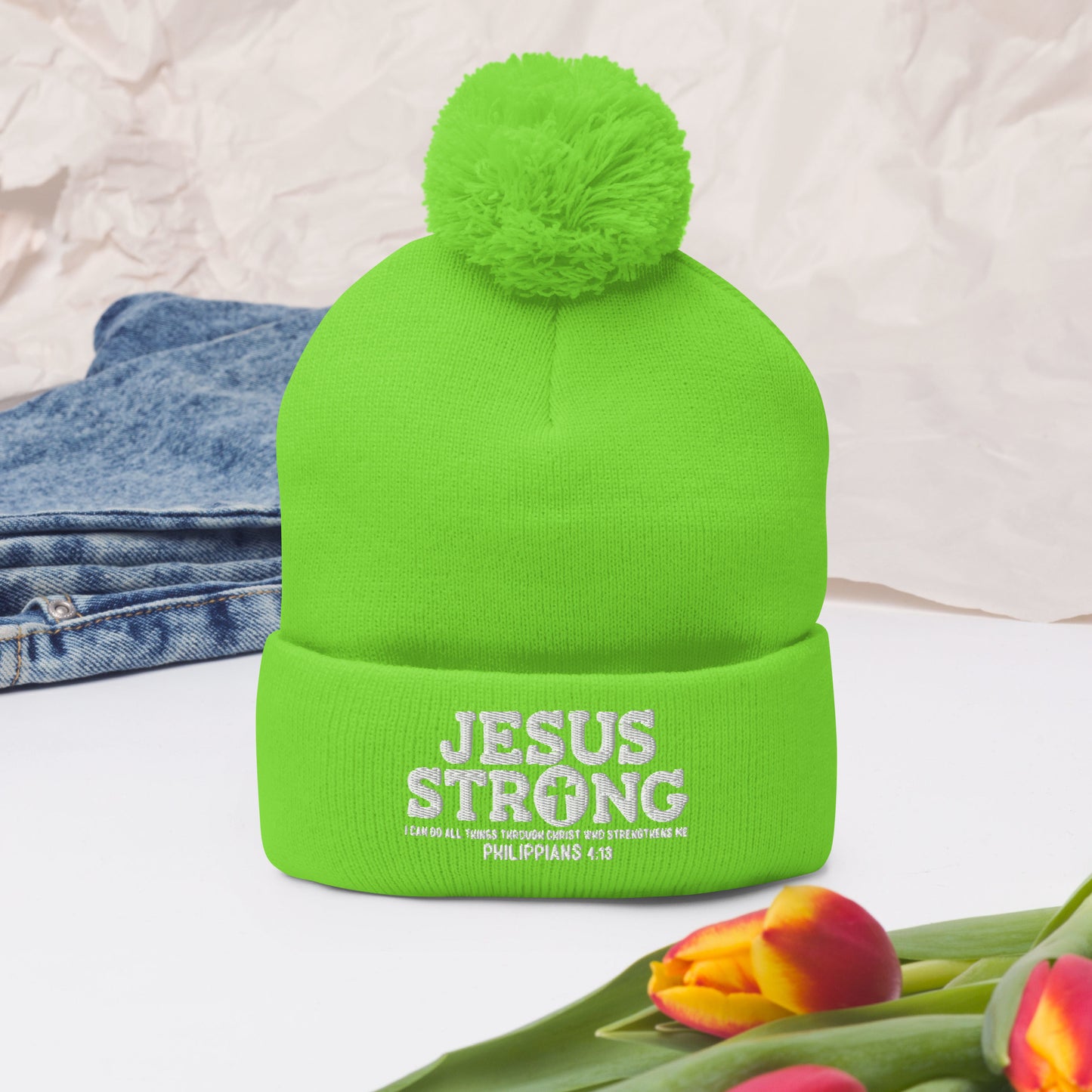 Strong Adult Christian Pom-Pom Beanie