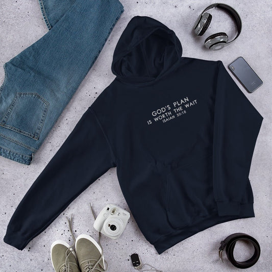 His Plan Is Worth The Wait Unisex Christian Embroidered Hooded Sweatshirt - ClaimedbyGodDesigns