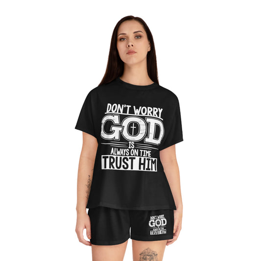 Don't worry He is always on time women's Christian pajama set for anxious moms