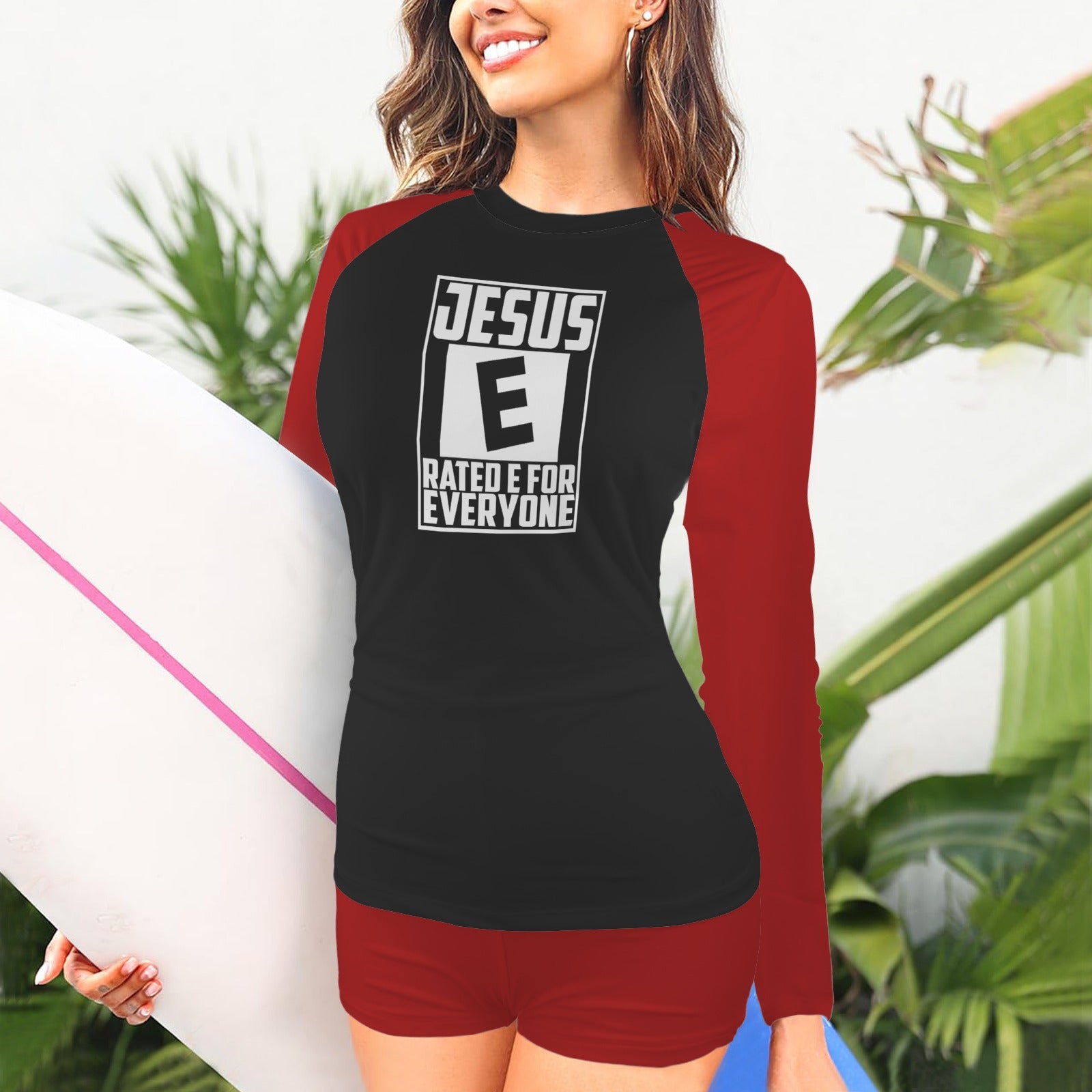 Jesus Rated E For Everyone Christian Women's Long Sleeve& Shorts Tankini Set