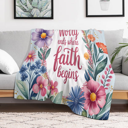 Worry Ends Where Faith Begins Christian Flannel Throw Blanket for Bedroom