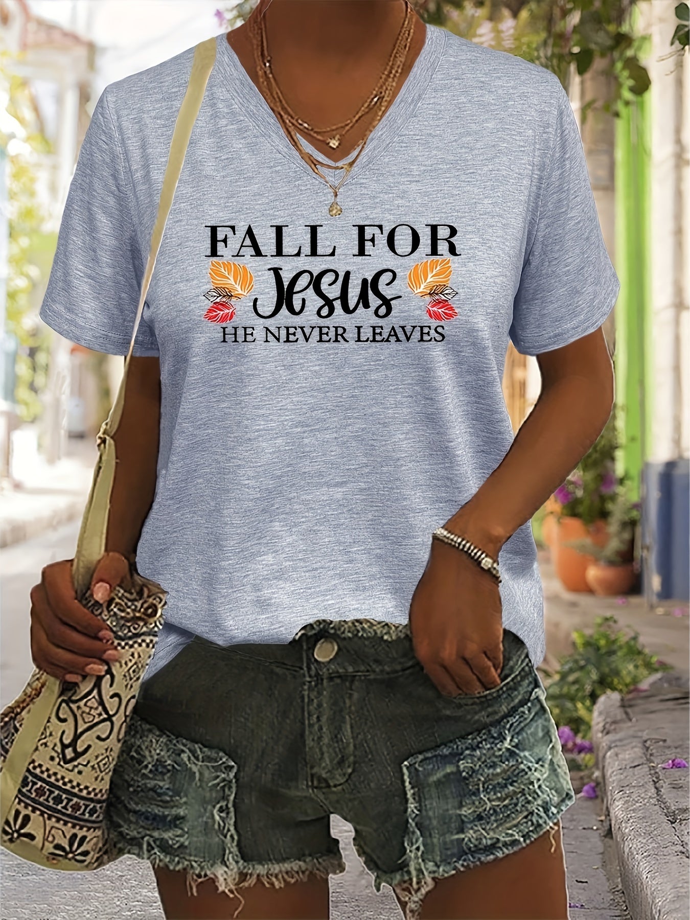 Fall For Jesus He Never Leaves Women's Christian V Neck T-Shirt claimedbygoddesigns