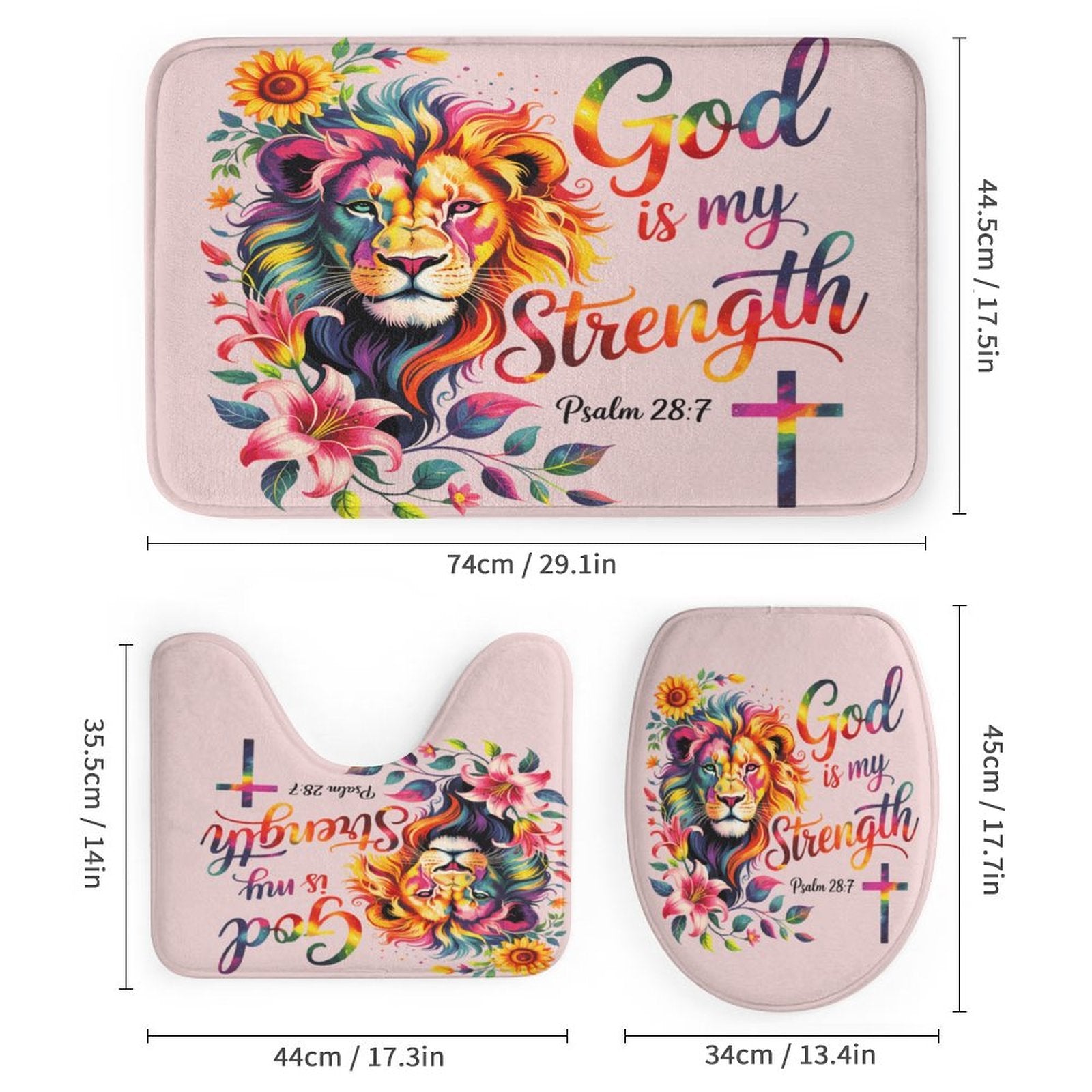 He Is My Strength Christian Shower Curtain Set with a shower curtain, a bath rug, a contour rug and a toilet lid cover. - ClaimedbyGodDesigns