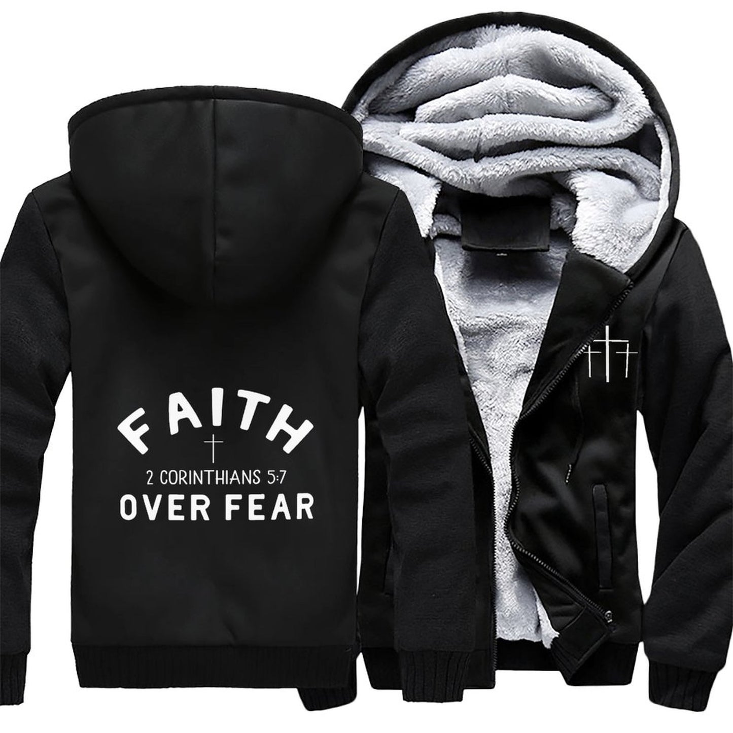 Faith Over Fear 3 Crosses Men’s Christian Plush Full Zip Hooded Sweatshirt