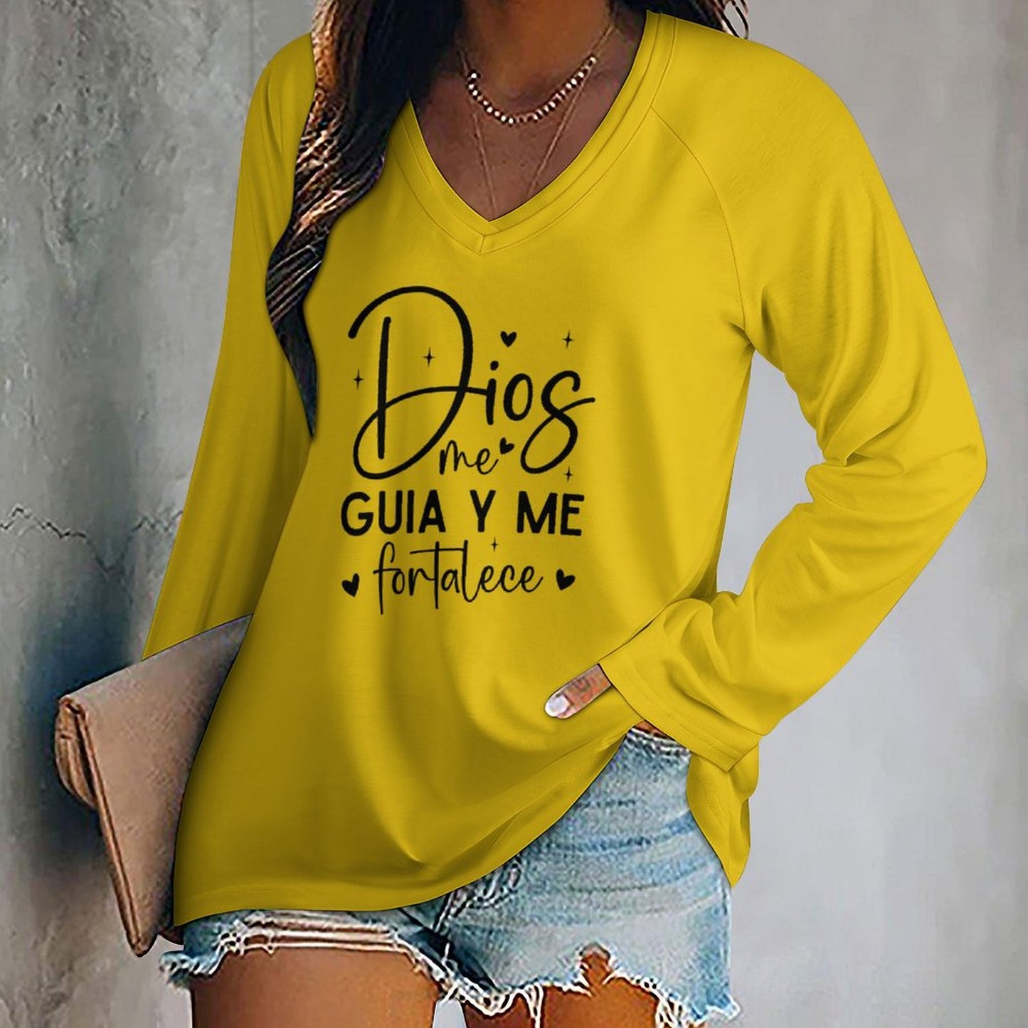 Dios Me Guia Y Me Fortalece Spanish Christian V-neck Loose Pullover Sweatshirt