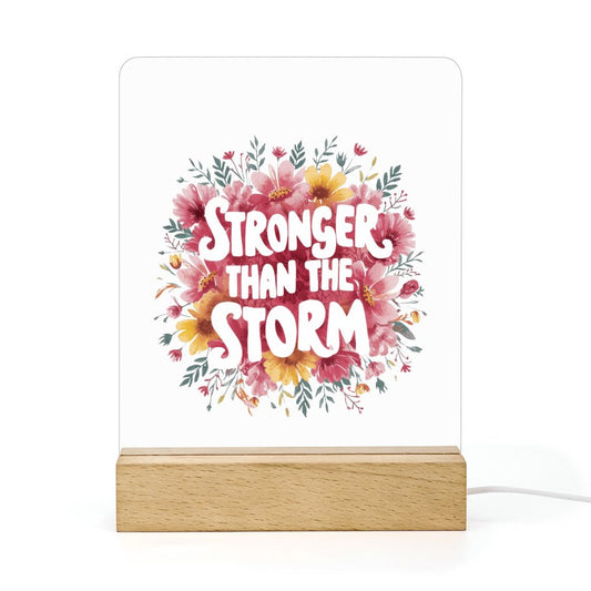 Stronger Than The Storm Christian Acrylic Night Light with Wooden Base Christian Gift Idea