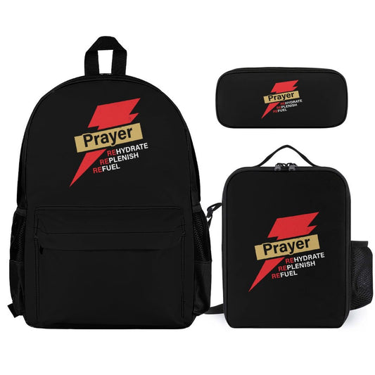 PRAYER Rehydrate Replenish Refuel Christian Backpack Set of 3 Bags (Shoulder Bag Lunch Bag & Pencil Pouch)