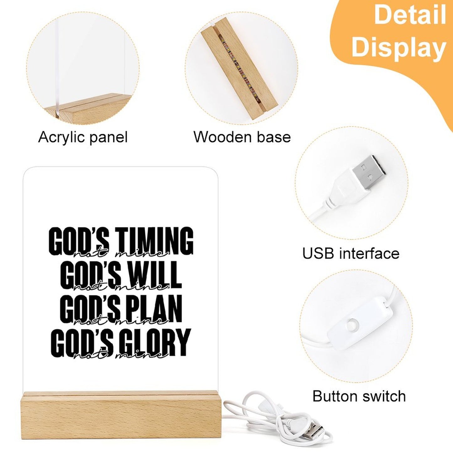 God's Timing, Will, Plan, Glory Not Mine Christian Acrylic Night Light with Wooden Base Christian Gift Idea