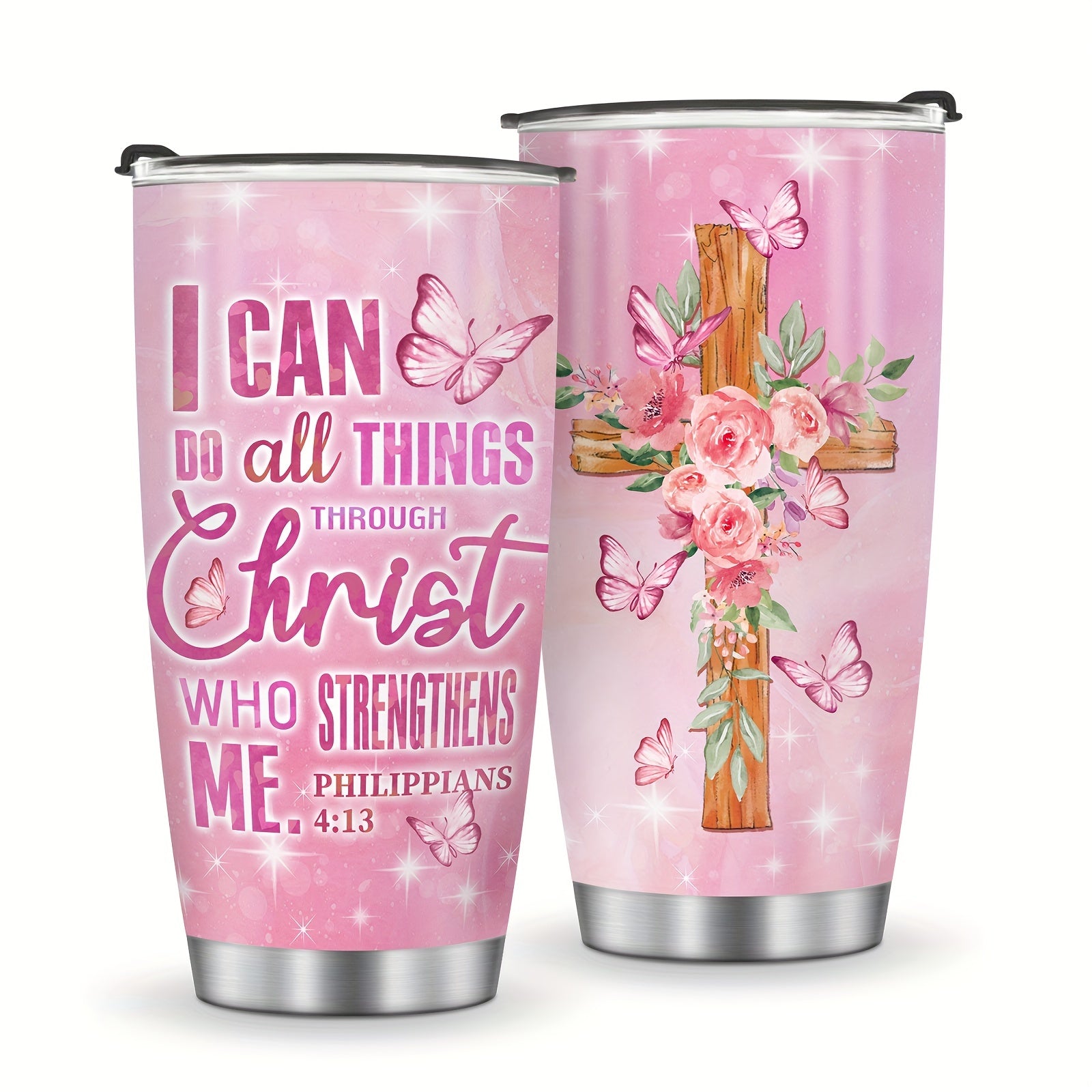 I Can Do All Things Through Christ (flowered cross) Insulated Christian Tumbler 20oz claimedbygoddesigns